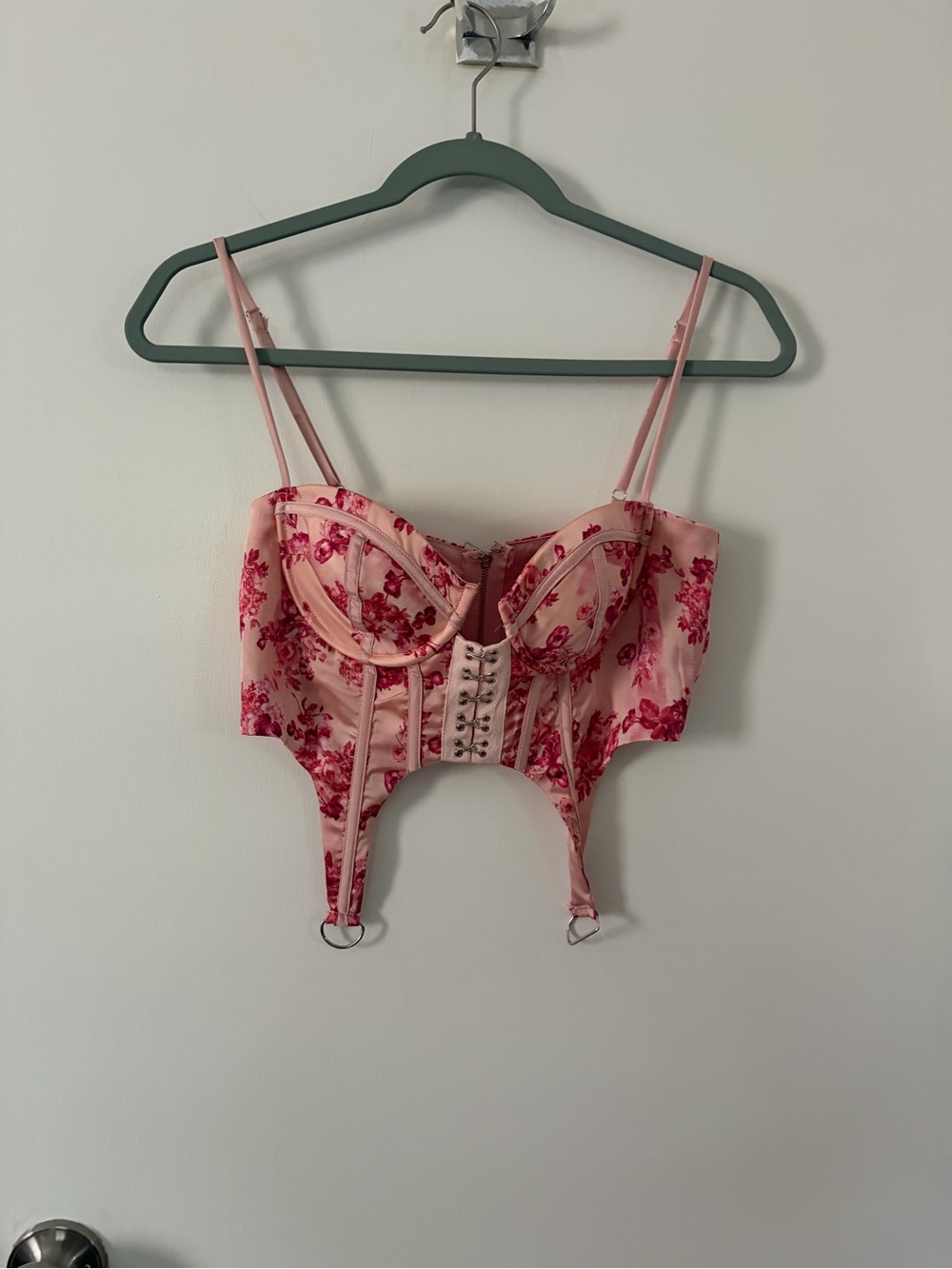 Fashion Nova Pink Floral Bustier with Red Embroidery